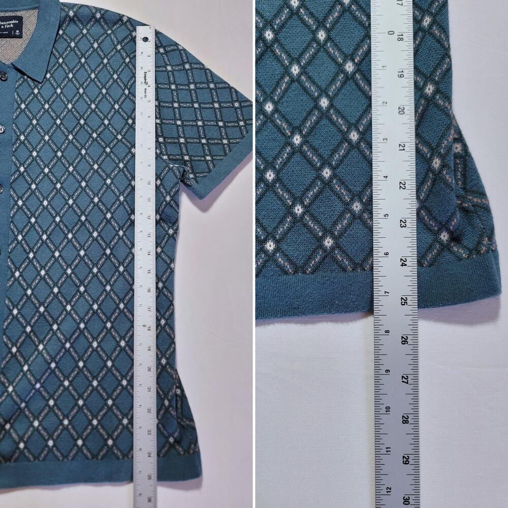Abercrombie Fitch Mens M Teal Argyle Knit Polo Shirt Button Up Sweater Retro - Picture 8 of 10